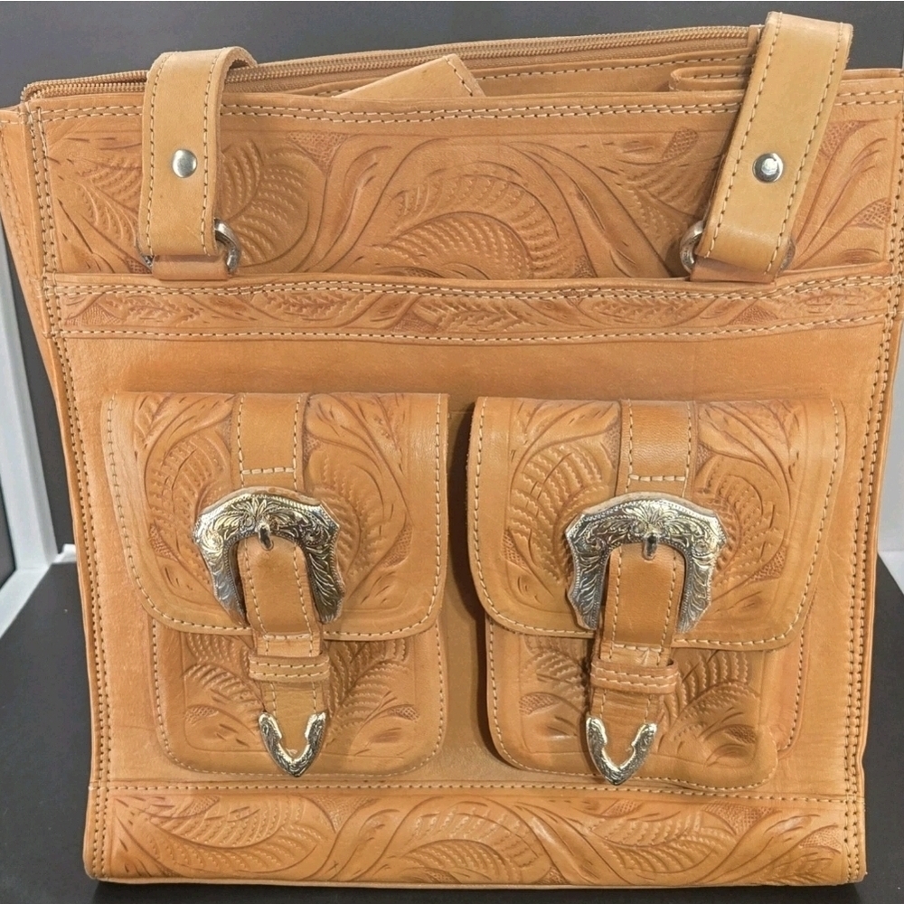 Tooled Leather Double Pocket Satchel - Tan